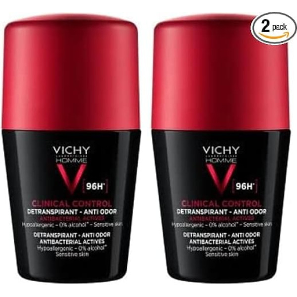Vichy Homme Clinical Control 96h Men Deodorant Roll-On for Men, Sweat and Odour Inhibiting, Antibacterial, Alcohol-Free, for Sensitive Skin, 50 ml
