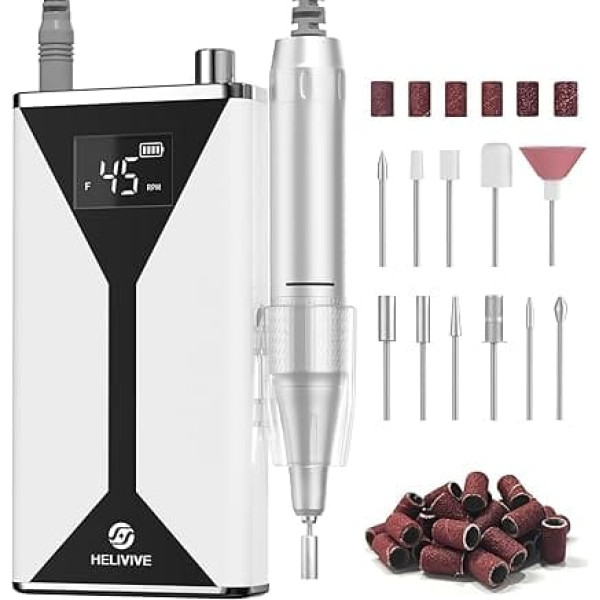 Professional Electric Nail Drill 45000RPM (Portable & Rechargeable) (with 11 Drill Bits), Cordless Nail File Machine for Shaping, Polishing & Removing Gel Nails for Salon