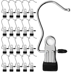 Staple Hooks, Metal Clips, Pack of 20 Boot Clips, Rubberised Non-Slip Hangers, Boots, Scarves, Trousers, Hanging, Stainless Steel Laundry Hooks, Chrome-Plated Clothes Pegs, 360° Rotating, Silver,