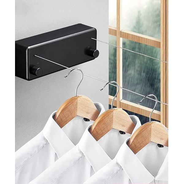 Retractable Invisible Washing Line for Indoor Use, Double Cord, ABS Aluminium Tumble Dryer with Adjustable Rope for Indoor Hotel Balcony Bathroom 4.2 m (Black)