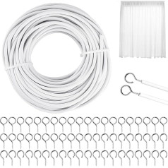 15 m Curtain Wire, White Curtain Wire, Curtain Rope, Curtain Rope Tension System with 30 Pairs of Hooks, Screw Eyelets for Curtains, Shower Curtains, Curtain Rods, Washing Line