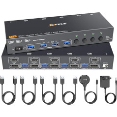 8K@60Hz Dual Monitors KVM Switch, ESKEVE 4K@144Hz HDMI Displayport KVM Switch 4 PC 2 Monitors Sharing 2 Monitors and 4 USB Devices, Wired Power Supply and 4 USB 3.0 Cables Included