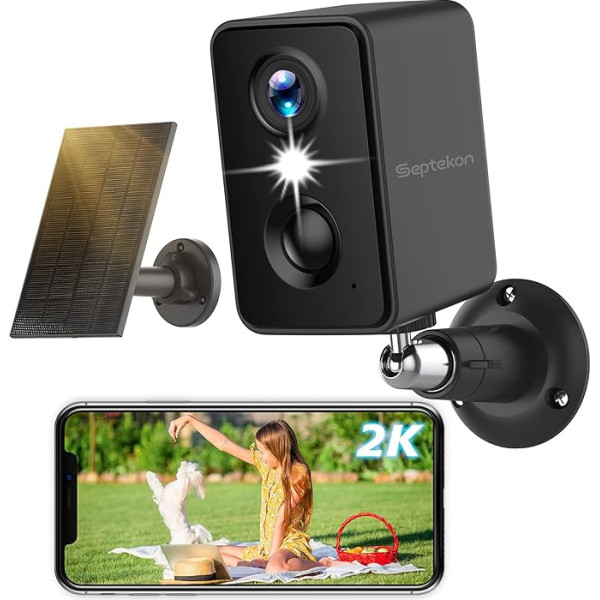 Septekon 2K Outdoor Wireless Floodlight Wireless Security Camera WiFi Battery Camera with Solar Panel PIR Detection with 3MP Color Night Vision 2 Way Talk IP66 Waterproof Black