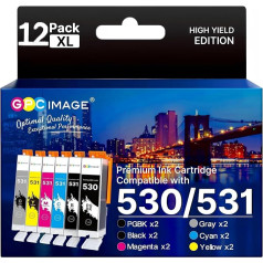 GPC Image PGI-530 CLI-531 Compatible Ink Cartridges for Canon 530 531 PGI-530 CLI-531 for Canon TS8750 TS8751 (2 PGBK, 2 Black, 2 Cyan, 2 Magenta, 2 Yellow, 2 Grey, 12 Pack)