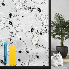 Zindoo Window Film Opaque Black White Cherry Blossom Pattern 90 x 200 cm Without Glue, UV Protection Privacy Screen for Glass, Residues, Ideal for Bathroom and Living Room