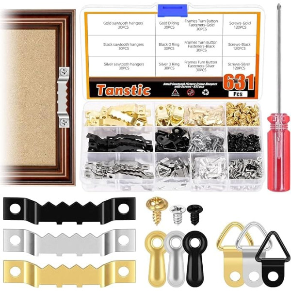 Tanstic 631 Pieces Picture Hanging Kit, Sawtooth Picture Hanger, Triangle Ring, Picture Hanger, Turn Button Fasteners with Screws and Screwdriver for Hanging Pictures, Photos (Gold, Black, Silver)