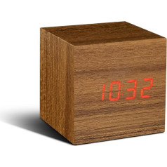 Gingko Cube Teak Click Clock-Red LED, Brown