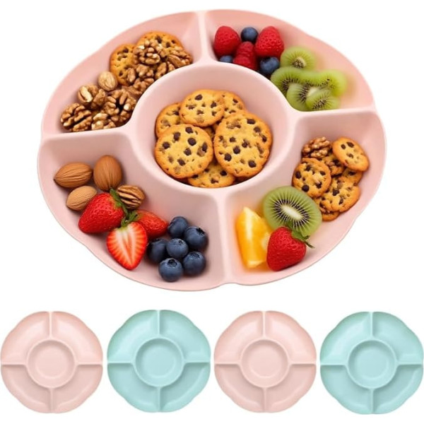 Round Plastic Appetizer Snack Serving Platter with Compartments Reusable Party Appetizer Plates with Dividers for Movie Night 24.5cm Pink+Green 4 Pack