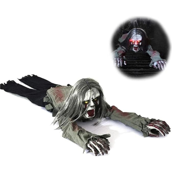 Halloween Electric Crawling Zombie, 43 Inch Electric Crawling Ghost with Horror Voice Sound Control Creeping Bloody Ghost Prop Halloween Party Decor Haunted House Props