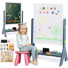 2-in-1 Children's Wooden Art Easel Double-Sided Adjustable Standing Heasel Large Writing and Drawing Whiteboard and Board with Magnetic Accessories for Children Boys Girls