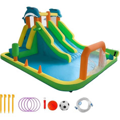 Bouncy Castle with Water Slide, Inflatable Equipment, Inflatable Paddling Pool for Children, 2 Slides, Dolphin Theme, Slide, Swimming Pool, Water Gun, 304 x 393 x 229 cm