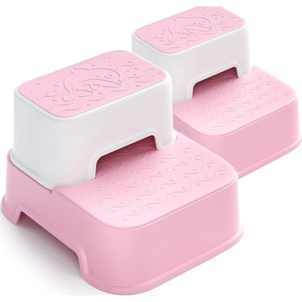 Two Tier Stool for Kids (2 Packs), Toddler Step Stool for Sink, Bathroom Step Stool, Toilet Stool, Non-Slip, Wide Steps (Pink)