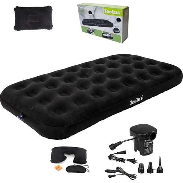 Icelus Twin Camping Air Mattress, Single, High Air Bed with Air Pump for 1 Person, 191 x 100 x 23 cm Inflatable Mattress Bed, Travel Cot, Sleeping Mat, Leak-Proof Mattress, Inflatable (Black)