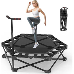 Folding Fitness Trampoline 106 cm, Load Capacity 200 kg, 3-Level Adjustable Handle, Quiet & Floor-friendly, Sturdy Hexagonal Frame for Children and Adults, Indoor/Outdoor Use