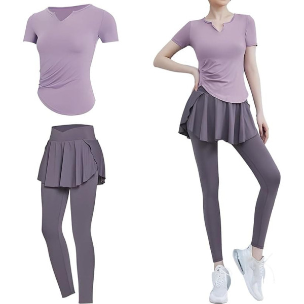 2 Piece Pilates Yoga Set for Women V Neck Short Sleeve Top and High Waist Leggings Breathable Fabric XL