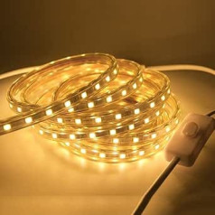 LED Strip with Switch 230 V, HEGEHE LED Strip IP65 Waterproof Flexible LED Strip Light Tube for Bedroom, Cupboard, Home, Kitchen, Decoration (Warm White, 20 m)
