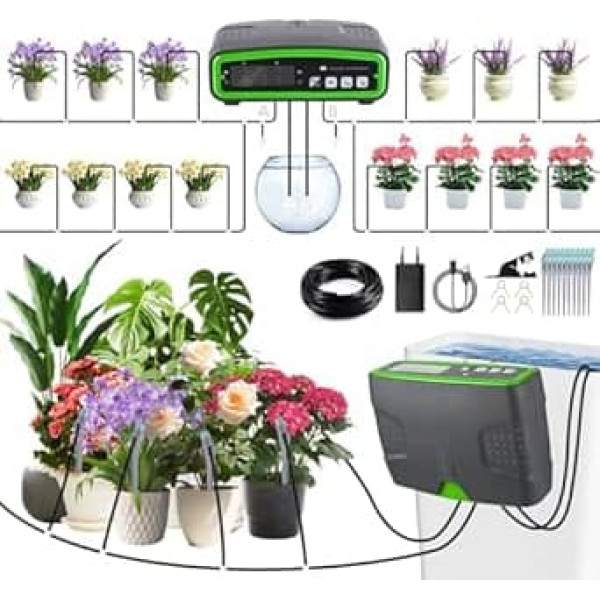 Automatic Indoor Watering, Irrigation System with Double Pump, Independent Control, Adjustable Water Volume, DIY Drip Irrigation Set for 20 Potted Plants, Ideal as a Holiday Watering System