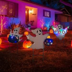 HONGLAND 3 Stück Halloween Solar Hofpfähle, 61 cm H Metall Geist Lichter, Boo Jack-o-Lantern Hexen Kessel Hofschilder für Außentür, Hof, Rasen, Garten Dekorationen