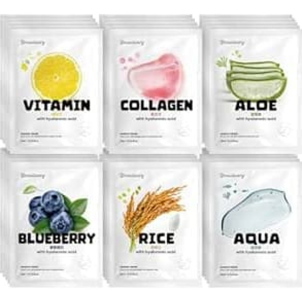 Korean Face Mask Set, 30 Pieces, 6 Varieties with Hyaluronic Acid, Collagen, Aqua, Blueberry, Rice, Vitamin, Aloe