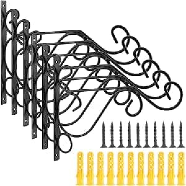 PINGEUI 6 Pack Hanging Brackets Hooks, Black Flower Basket Brackets Outdoor Metal Wall Hooks Heavy Duty for Lanterns Wind Chimes Bird Feeder