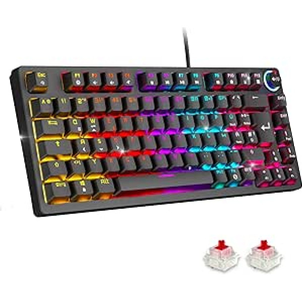EMPIRE GAMING K248 Mechanical Gaming Keyboard with Multimedia Wheel for Volume & RGB, DE QWERTZ, MX Red, USB-C Cable, 82 Keys, Anti-Ghosting, PC/PS4/PS5/Xbox (Black)