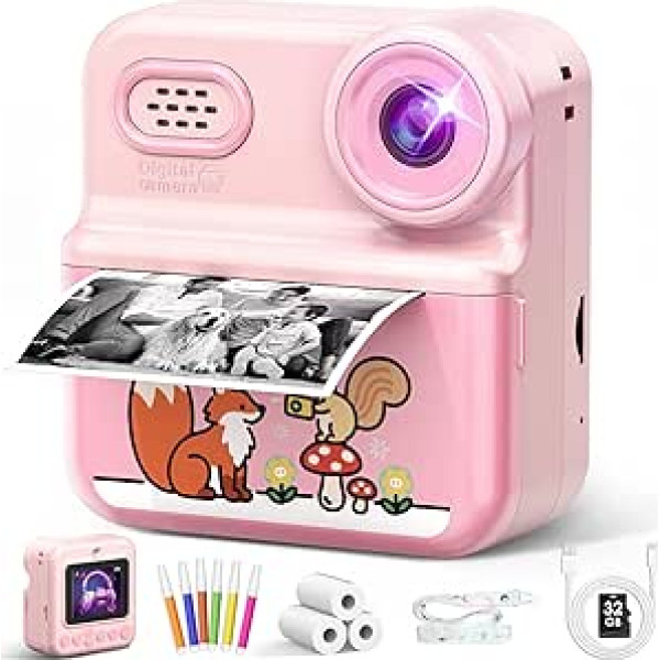 Children's Camera Instant Camera 1080P HD 2.4 Inch Double Lens Instant Camera Children with 32GB Card and 3 Rolls of Printing Paper Children's Toy Gifts for Boys Girls 3-12 Years (1 Pack)