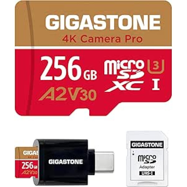 [5 Jahre Datenwiederherstellung] Gigastone 256 GB Micro-SD-Karte, 4K-Kamera Pro, A2 V30 UHS-I U3, bis zu 100 MB/s, für Smartphone, GoPro, Action-Cam, 4K-UHD-Video, Nintendo-Switch, mit Adapter und
