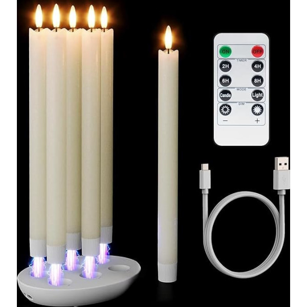 Eldnacele Rechargeable Flameless Taper Candles with Remote Control Timer and Charging Station, Pack of 6 LED Taper Candles Made of Real Wax with Flickering 3D Flame for Room Decoration, Wedding and