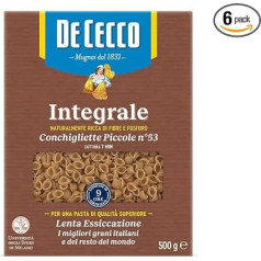 De Cecco Piccole n°53 Integrali Conchigliette Pasta, Whole Grain Pasta, 500 g, Pack of 6