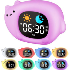 YISSVIC Learning Alarm Clock for Kids, Day and Night 2 Alarms, 3 Alarm Times, 12/24 Hours, Snooze, 10 Songs, Display Brightness, Adjustable Light Alarm Clock, 7 Colours, Auto Shut-Off in