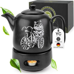 YC Yang Chai YC GATOLO Teapot with Warmer - Ceramic Black Matt 1.3 L - Teapot with Strainer Insert - Drip Free & Heat Resistant - Handmade Ceramic Tea Pot - Long-Lasting Heat