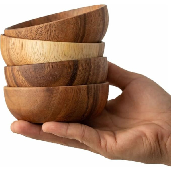muso wood Mini Wooden Dip Bowl Set - Solid Acacia Wood Snack Bowl - 10 x 3.8 cm 4 Pieces Wooden Dip Bowls - for Side Dishes, Sauce, Nuts, Salt, Spices - Bonus 4 Phoebe Wood Spoons
