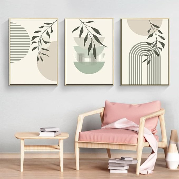 KXHHYB Modern Geometric Line Picture, Aesthetic Green Plant Pictures, Modern Wall Pictures, Living Room, Bedroom Wall Decoration Art without Frame (B, 50 x 70 cm x 3)