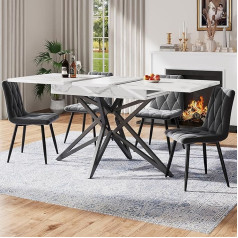 Bladez Extendable Dining Table Set with 4 Velvet Chairs, Dining Room Table Rectangular 120-160 cm Wooden Table Top Modern Simple Kitchen Table for 4-6 People, for Dining Room (White Marble)