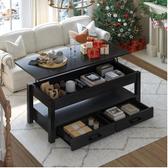 FABATO 105cm Coffee Table with 2 Drawers Hidden Compartment Open Storage Compartment for Living Room Folding Wooden Side Table (Black)