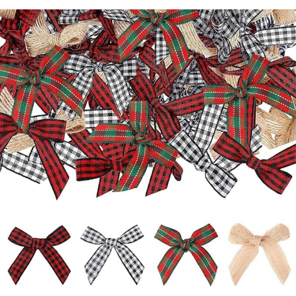 120 Stück Mini-Schleifen, Gingham-Band, 5,1 cm, Polyester, kariert, Mini-Weihnachtsschleifen, Mini-Bastelschleifen, vorgefertigte Schleifen, Geschenkpapier, Schleifen für Hochzeit, Geburtstag