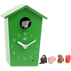 KOOKOO AnimalHouse green, striking small cuckoo clock with 5 farm animals sounds, natural field recordings, modern sleek designed clock;