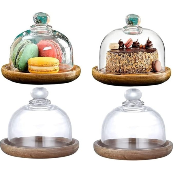 Multifunctional Mini Dessert Serving Stand Acacia Cake Mould with Dome Lid Plate Cake Plate for Home Hotels (Pack of 4)