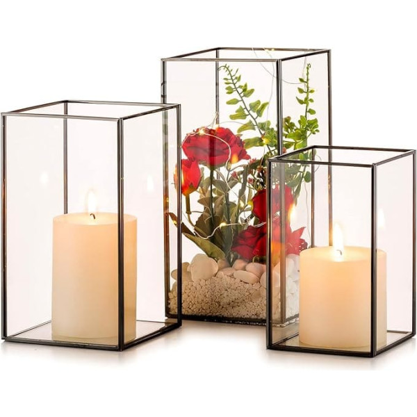 NUPTIO Lantern Black Glass Lantern: Gold Candle Holder Metal Set of 3 Large Candle Holders Wedding Table Decoration Pillar Candles Decorative Lantern Set Outdoor Christmas Living Room Table Top