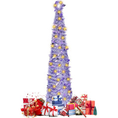 Foldable Artificial Christmas Tree, 150 cm Pop-Up Tinsel Christmas Tree with Lighting, Slim Christmas Tree with 50 LEDs, Pencil Christmas Tree for Home, Home, Fireplace with Party Decoration (Purple)