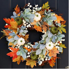 Halloween Autumn Wreath, Front Door, Autumn Wreath, Front Door, Autumn Halloween, Maple Leaf, Pumpkin, Door Wreaths for Outside, October Harvest, Thanksgiving Decor Decorations (Color : Dark)