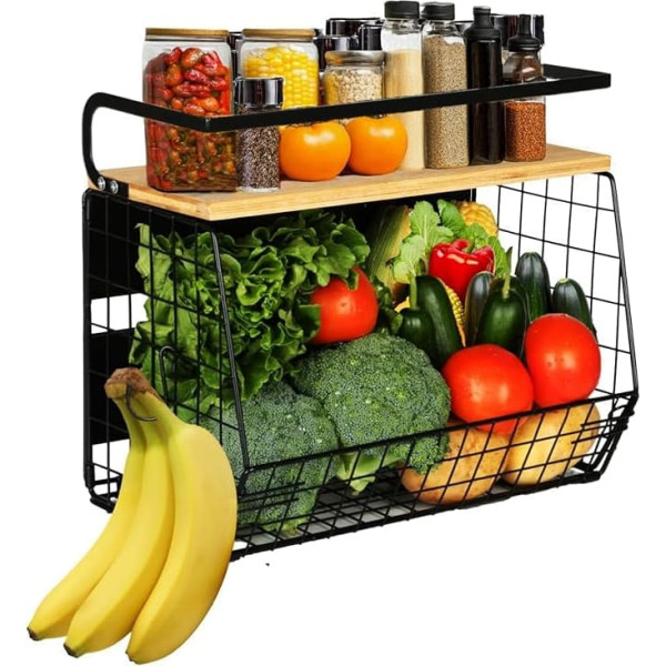 Magnetic Fruit Basket Hanging Fruit Bowl & Spice Rack Hanging 2 in 1, Kitchen Organiser - Kitchen Shelf No Drilling - Fruit Basket Stand Fruit and Vegetable Storage, Wire Basket with Lid, 2 Hooks for