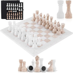 Travertine Marble Chess Set, 15 Inch White and Travertine with Storage Box, Handmade Board Game, 1 Chessboard and 32 Chess Pieces, Travel Chess Set for Family