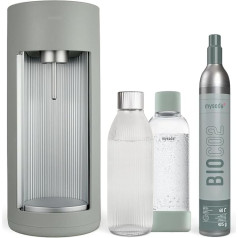 Mysoda: Glassy Wooden Composite Water Carbonator with CO2 Cylinder and 1 Litre Glass Bottle & BPA-Free 1 Litre Plastic Bottle - Sage Green