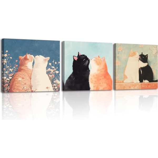 Piy Painting 3 Pieces Animal Pictures Living Room Modern Cute Kitten Wall Art Canvas Painting Artwork Art Prints Wall Pictures with Frame Canvas Prints Canvas Pictures Bathroom Office 30 x 30 cm