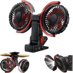 Clip Fan Battery with Light, USB C Rechargeable Quiet Fan Double Head Wall Fan, Strong Fan Wall for Office, Bed, Bedroom, Car, Motorhome, Outdoor Camping Clamp Fan (Black)