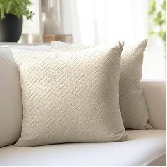 Encasa XO Cushion Covers 60x60 cm Set of 2 | Solid Color Quilted Velvet Sofa Cushion Covers | only Covers No Insert | Both Side Quilted Fabric | Cream | Decorative Pillow Covers For Home