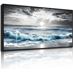 JHHUAMO Large Canvas Pictures, Modern Living Room Pictures with Frame, Sunrise by the Sea, Oil Painting for Bedroom, Office, Stairs, Dining Room, Study, Hallway, 50 x 100 cm