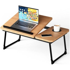 Laptop Bed Table, Bed Table with Folding Legs and Cup Slot, Adjustable Trays, Reading Book Holder, Notebook Stand, Laptop Tray for Bed, Sofa, Patio, Carpet, Walnut