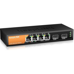 6-Port 2.5G Switch, Unmanaged, 4 x 2.5GBASE-T Ports and 2 x 10GBASE-T SFP Slots, 60Gbps Switching Capacity, Plug & Play/Wall Mountable / Fanless Metal Case